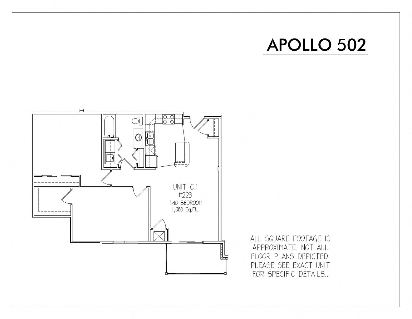 Floor plan for 1 bed, 1 bath, 1088 sqft
